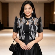 Amyenjoylife Filipiniana Lace Blouse Stand-Up Collar Openwork Pearl-Embellished Lace Blouse For Wome
