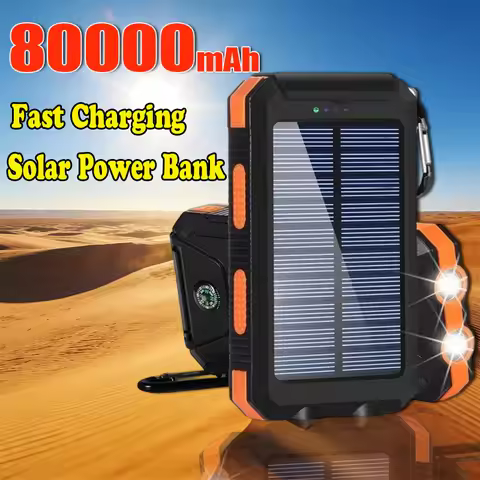 New Solar Power Bank 80000mAh Portable Charging Poverbank External Battery Charger Strong Light LDE 