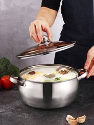 不鏽鋼帶蓋蘋果鍋24cm厚底湯鍋多功能湯鍋雙耳適用電磁爐高燉鍋煮湯或燉肉