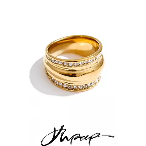 Yhpup Size 6789 Stainless Steel Cubic Zirconia Wide Ring 16K & Platinum Color PVD Plated High Qualit