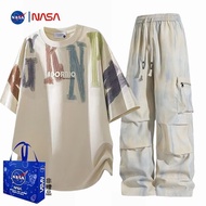 NASA联名短袖男士休闲套装美式潮牌扎染工装裤印花T恤长裤两套260805 NASA co-branded short-sleeve men's casual suit, American trend