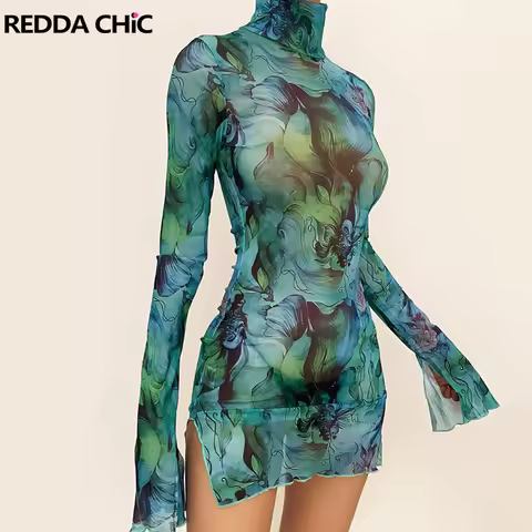 REDDACHiC See Through Floral Print Mesh Mini Dress Women One-piece Split Long Sleeve High Neck Bodyc
