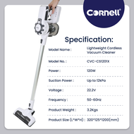 Cornell 12kPa Suction Cordless Vacuum Cleaner 2-Speed 2-in-1 Stick/Handy HEPA Filter CVC-CS1201X