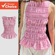 Lovito Women's Cute Checked Smocked Summer/Spring Tank Top L125AD139  Lovito Top Wanita Comel Kotak 