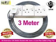 3G EXTENSION 13A SWITCHES SOCKET C/W 1MM X 3C PVC FLEX WIRE + 3PIN PLUG (1M/2M/3M/4M/5M/6M/7M/8M/9M/