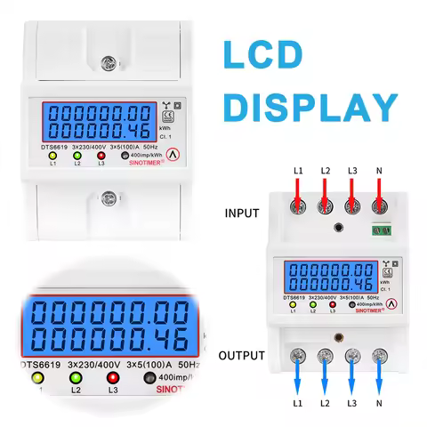 Din Rail 3 Phase 4 Wire Energy Meter AC 380V 100A 50/60Hz Power Consumption Monitor KWh Meter Watt K