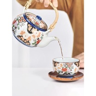 日本茶具原裝進口有田燒龜甲巖牡丹提梁茶壺蓋碗配碟套裝禮盒五杯