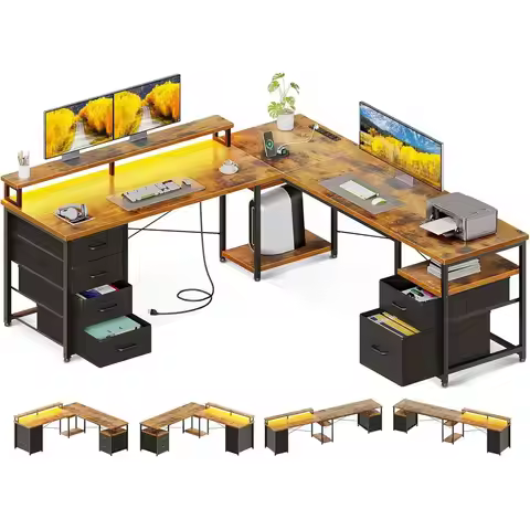 66" L Shaped Computer Desk, 113“ Reversible Home Oice Desk with ile Cabinet & 4 abric Ders, Two Pers