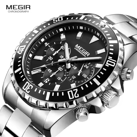 Megir Man's Analogue Chronograph Quartz Watch with Stainless Steel Bracelete Luminous Wristwatch for