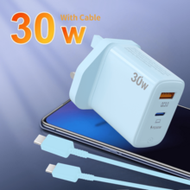 30W Dual Port Fast Charger UK Plug, PD QC3.0 Compact Wall Adapter With 1.5M Type C Cable, Portable U