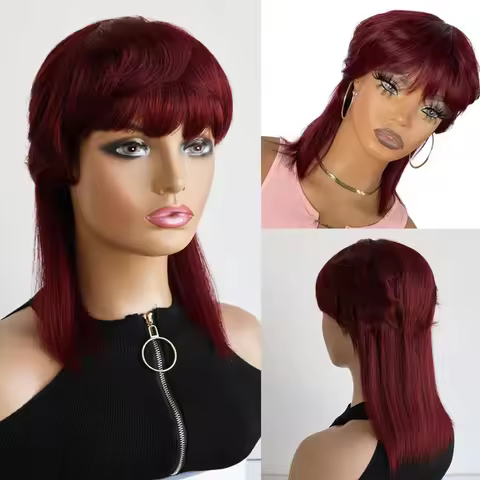 Pixie Cut Wig Human Hair Wig Burgundy Red 99J Color Human Hair Full Machine Made Wig Layered Wolf Ta