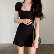 KA5 temperament sexy lady style thread low square neck dress summer slim pleated waist ruffle skirt