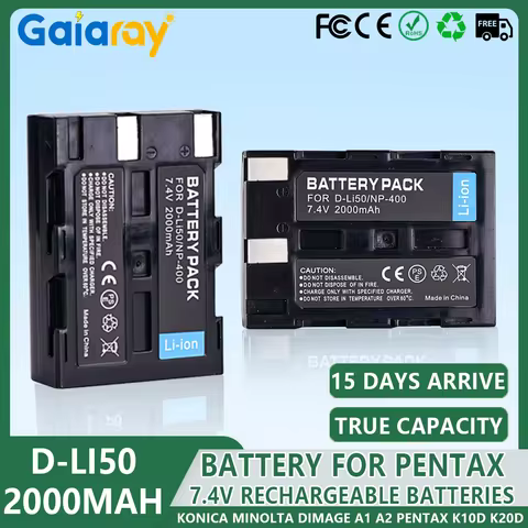 2000mAh D-Li50 NP-400 NP 400 Battery For Konica Minolta DiMAGE A1 A2 Pentax K10D K20D Dynax 5D 7D Si