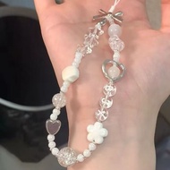 Korean Cute Clear Star White Flower Beaded Phone Chain Charm Lanyard For iPhone 15 CCD Camera Hangin