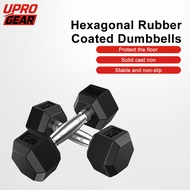 UPRO GEAR Rubber Coated Hex Dumbbell 7.5 -15KG with Contoured Chrome Handle - Dumbbells hexagon dumb