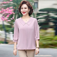 ชุดเดรสสำหรับคุณแม่วัยกลางคนเสื้อผ้าผู้หญิงอายุ40ปี50ปีแขนปานกลางผ้าชีฟองแขนสั้นสำหรับฤดูร้อน
