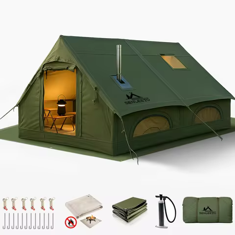 Inflatable Glamping Tent 6-8 Person with Mesh Window&Tarp,4 Season Blow up Tent with Stove Jack&AC V