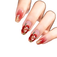 Mid-length Wearing nails Red gold fake nails Red Smudge White Wearing nails nails Mid-French armor r