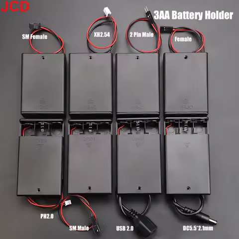 JCD 1pc 3x AA Battery Holder Storage Case Box With Switch & Cover PH2.0 XH2.54 SM DC5.5*2.1mm USB Pl