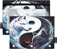 Yin Yang Ice Wolf 2Pack Zippered 3 Hole Binder Pouch for Kids School, Clear Zipper Pencil Pouch for 