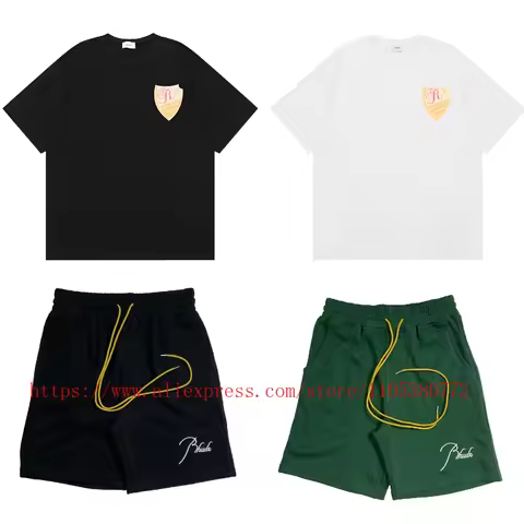 New RHUDE Men's Shorts Embroidered Logo Drawstring Elastic Waist Casual Sports Shorts High Quality F