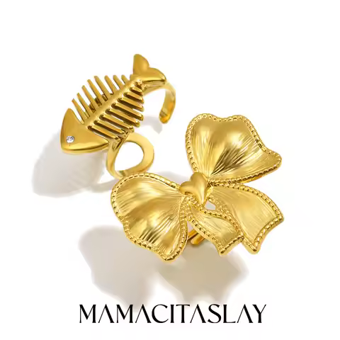 MamacitaSlay 316L Stainless Steel Bow Fishbone Open Ring 18K Gold Plated Waterproof Jewelry For Wome