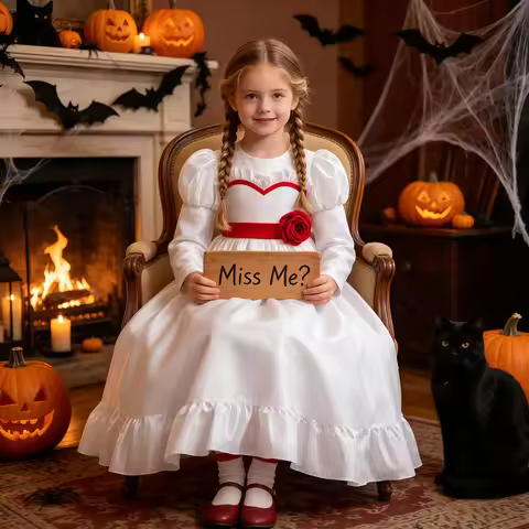 Horror Movie Annabelle Costume White Rose Long Dress For Kids Girls Halloween Scary Ghost Bride Role