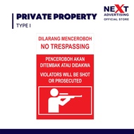 [ACP] Private Property Sign | No Trespassing | Tanah Persendirian Dilarang Masuk | Sticker on Board