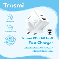 Trusmi 30W GaN Fast Charger USB-C PD + USB-A | Dual Port UK Plug | SIRIM Certified | Compact Design 