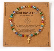 Christian Gifts Colorful Crystal Natural Stone Cross Stretch Bracelets for Women Men Faith Easter Ca