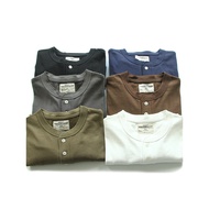 Ami Khaki Heavy T-Shirt Men American Retro Pure Cotton Washed Solid Color Henry Collar Long Sleeve B