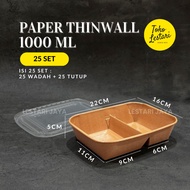 (25 PCS) Paper Thinwall 2 Sekat Kraft Laminasi 1000ml + Tutup / Kotak Makan Lunchbox Bento 2 Sekat 1