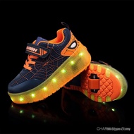 【100% High Quality】New Spiderman shoes kids two-wheeled Heelys kids roller skate rechargeable LED sh