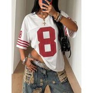 Y2K Punk Style #8 Red Print Cropped Football Jersey - White Loose V-Neck Streetwear Top Casual Summe