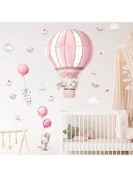 2 件裝卡通可愛兔子粉紅色熱氣球牆貼臥室客廳托兒所裝飾牆貼花