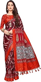 Women's Synthetic Satin Ajrakh Printed Saree With Blouse Piece, Rust Orange, 5.4 Meters