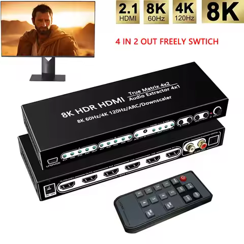 HDMI2.1 8K HDR HDMI Matrix 4x2 Switch Splitter 4k 120hz Support Dolby Vision Atoms 4x1 Audio Extract