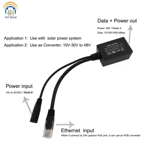 10-30V Input 48 Volts Output Gigabit Injector PoE Converter for any 802.3af or 48V devices and solar