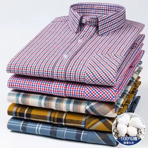 New Spring Autumn 100% Cotton Flannel Plaid Mens Shirts Casual Long Sleeve Regular Fit Home Dress Sh