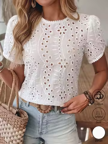 Women's 100% Cotton Elegant Cut-Out Lace Shirt – Short-Sleeve Crew Neck Casual Top