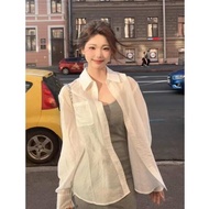 baju kemeja perempuan korean style woman Baju pelindung matahari lengan panjang berwarna putih, keme