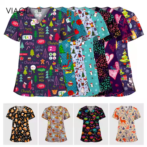 Nurse Uniform Short Sleeve V-neck Work Wear Medical Nursing Blouse Tops Christmas Printed Nursing Sc