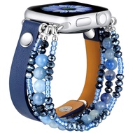 Leather Strap Band Women Elastic Beaded Bracelet For Apple Watch Ultra ultra2 IWatch series 9 8 7 6 