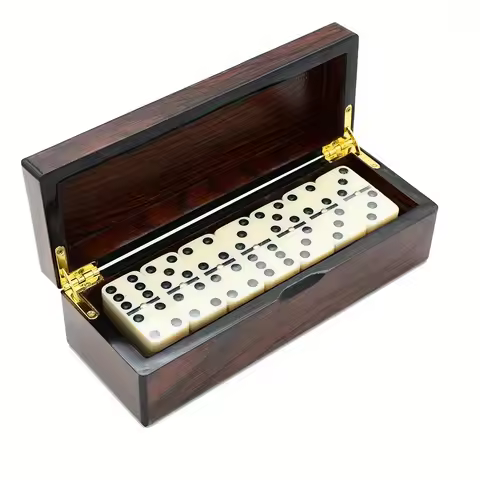 [Wooden Dominoes Game Set] 28pcs Double Six Dominoes - Wooden Box Travel Portable Carrying Table Gam