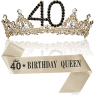 40th Birthday Crown and Sash for Women, 40 Tiara Headband, Black Gold 40th Birthday Decorations Gift