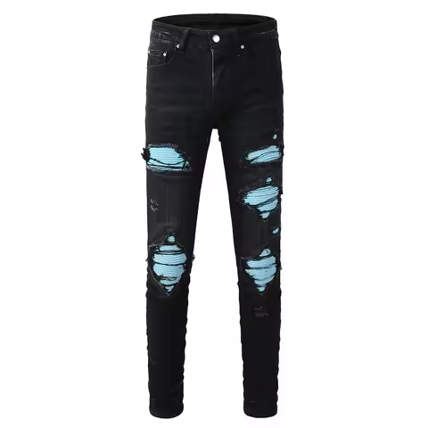 Men Skinny Tapered Biker Jeans Streetwear Sky Blue Velvet Pleated Patch Pants Ripped Black High Stre