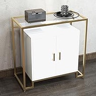 Gyabnw Kitchen Storage Cabinet with Tempered Glass Top, Modern Farmhouse Buffet Sideboard with Ample Storage Space &amp; Steel Frame for Kitchen, Dining Room, Bathroom, Entryway - White Gold
