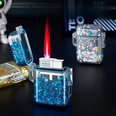 New Butane Gas Lighter Color Sand Windproof Inflatable Lighter Red Flame Luminous Gas Lighter Small