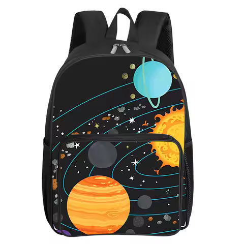 Cosmic Planet Pattern Square Front Pocket Backpack for Boy and Girls Best Gifts 2D Flat Cartoon Scho