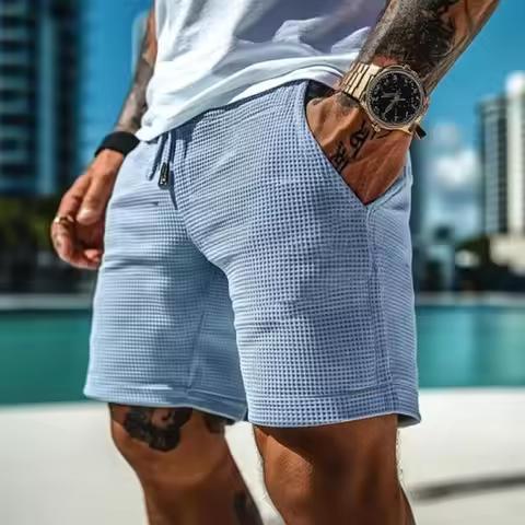 Mens Waffle Knit Surf Shorts Vintage Style Elastic Drawstring Beach Walking Shorts Summer Comfort St